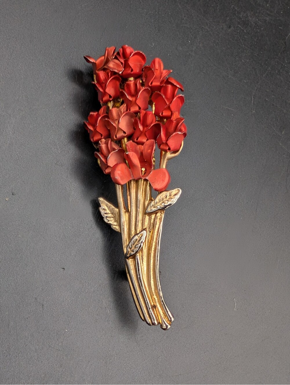 Vintage Joseph Warner Red Enamel Flower Bouquet Brooch Pin Gold Silver Tone W